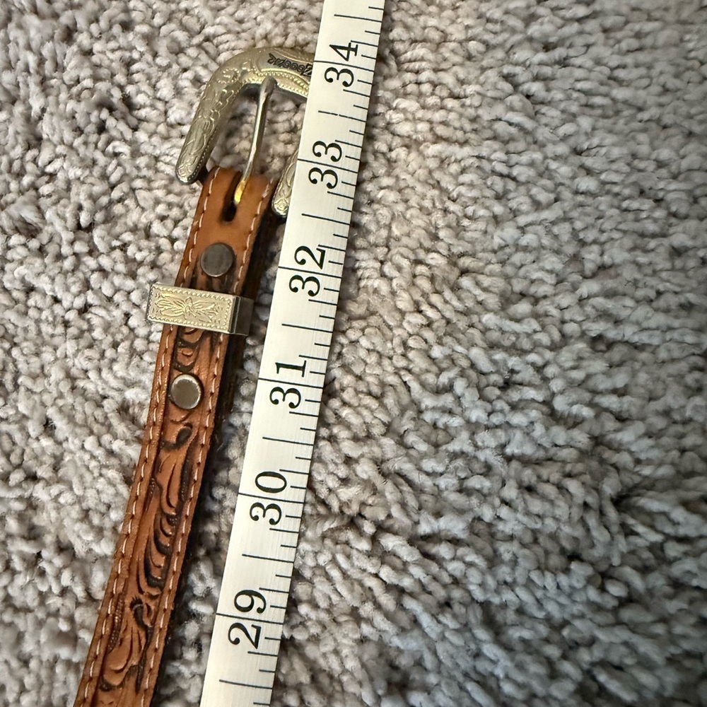 Tooled Leather Belt with Silver Buckle - Picture 2 of 3
